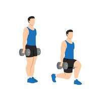 man doet dumbbell walking lunges oefening. platte vectorillustratie geïsoleerd op een witte achtergrond vector