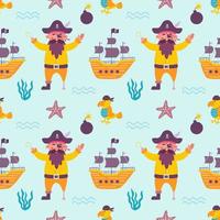 piraat vector naadloos patroon, kapitein met schip en papegaai in de zee