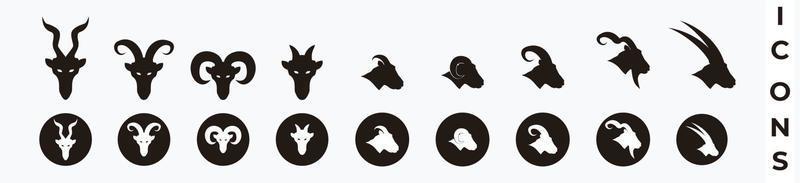 geit, schaap, lam, grote hoorn geit hoofd icon set. silhouet hoofd geit geïsoleerd op wit vector