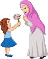 klein meisje geeft een bos bloemen aan haar moeder vector