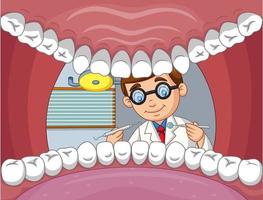 cartoon tandarts check tand in open mond van patiënt vector