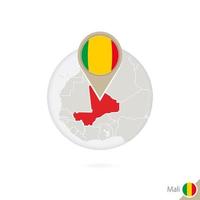 Mali kaart en vlag in cirkel. kaart van mali, mali vlag pin. kaart van mali in de stijl van de wereld. vector