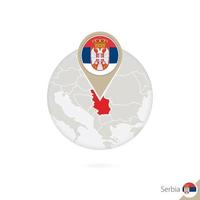 Servië kaart en vlag in cirkel. kaart van servië, servië vlag pin. kaart van servië in de stijl van de wereld. vector