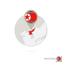 Noord-korea kaart en vlag in cirkel. kaart van noord-korea, noord-korea vlag pin. kaart van noord-korea in de stijl van de wereld. vector