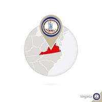 Virginia ons staatskaart en vlag in cirkel. kaart van Virginia, Virginia vlag pin. kaart van Virginia in de stijl van de wereld. vector
