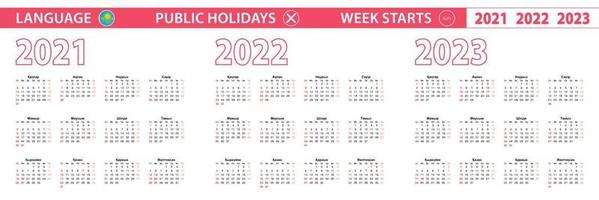 2021, 2022, 2023 jaar vector kalender in de Kazachse taal, week begint op zondag.