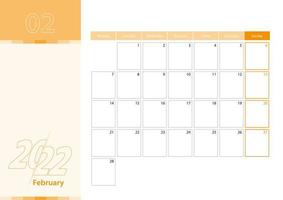 horizontale planner voor februari 2022 in de oranje kleurstelling. de week begint op maandag. vector