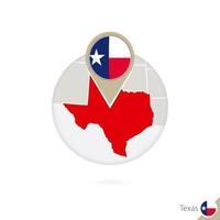 Texas ons staatskaart en vlag in cirkel. kaart van texas, texas vlag pin. kaart van texas in de stijl van de wereld. vector