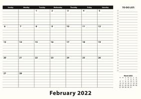 februari 2022 maandelijkse zakelijke bureaukalender. vector
