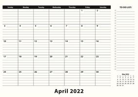 april 2022 maandelijkse zakelijke bureaukalender. vector