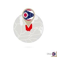 ohio ons staatskaart en vlag in cirkel. kaart van ohio, ohio vlag pin. kaart van ohio in de stijl van de wereld. vector