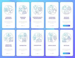 circulaire economie activiteit blauwe gradiënt onboarding mobiele app-schermset. walkthrough 5 stappen grafische instructiepagina's met lineaire concepten. ui, ux, gui-sjabloon. vector