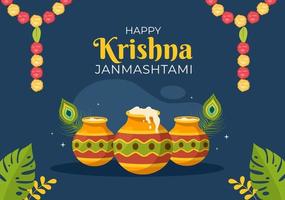 gelukkig krishna janmashtami festival van india met bansuri en fluit, dahi handi en pauwenveer in platte schattige cartoon afbeelding als achtergrond vector