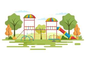 kinderspeeltuin met schommels, glijbaan, klimladders en meer in het pretpark voor kleintjes om te spelen in platte cartoonillustratie vector