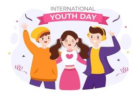 gelukkige internationale jeugddag schattige cartoonillustratie met jonge jongens en meisjes voor campagne in vlakke stijlachtergrond vector