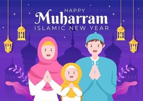 islamitische nieuwjaarsdag of 1 muharram achtergrond vectorillustratie van moslim familie vieren kan worden gebruikt voor wenskaart of uitnodiging vector