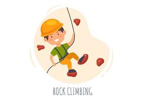 rotsklimmen met klimmer schattige kinderen klimt muur op achtergrond platte cartoon afbeelding vector