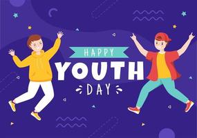 gelukkige internationale jeugddag schattige cartoonillustratie met jonge jongens en meisjes voor campagne in vlakke stijlachtergrond vector