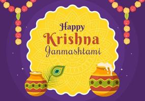 gelukkig krishna janmashtami festival van india met bansuri en fluit, dahi handi en pauwenveer in platte schattige cartoon afbeelding als achtergrond vector