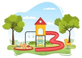 kinderspeeltuin met schommels, glijbaan, klimladders en meer in het pretpark voor kleintjes om te spelen in platte cartoonillustratie vector