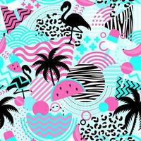 naadloos patroon met flamingo's en palmen. exotische hawaï achtergrond vector