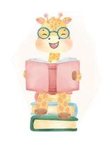 schattig aquarel gelukkig nerd kind giraf leesboek op gestapeld boek, terug naar school cartoon jeugd dieren dieren in het wild aquarel vector