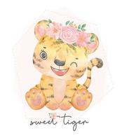 schattige lieve baby tijger met bloemen aquarel illustratie hand getrokken, kinderkamer doodle cartoon vector