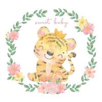 schattig aquarel schilderij gelukkig schattige baby tijger jongen zittend in bloemen frame, kinderdagverblijf cartoon hand getekende dierlijke illustratie vector