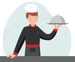 chef-kok in zwart uniform met zilveren schotel. chef-kok koken in de keuken. platte vectorillustratie.