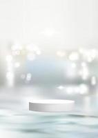 cosmetisch display product podium, witte ronde cilinder podium op water reflecteren en bokeh achtergrond. vector illustratie