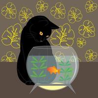een zwarte kat kijkt naar een goudvis in een aquarium. schattige zwarte kat in de buurt van het aquarium. vector illustratie