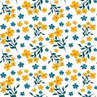 trendy naadloze vector bloemmotief. eindeloze print van kleine gele en blauwe bloemen. zomer- en lentemotieven. witte achtergrond. voorraad vectorillustratie