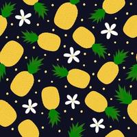 ananas naadloos patroon. cartoon heel fruit en bloemen op donkerblauwe achtergrond vector