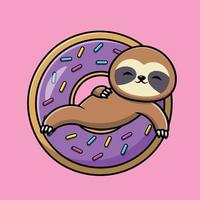 schattige luiaard op donut cartoon vector pictogram illustratie. dierlijk voedsel pictogram concept geïsoleerde premium vector.