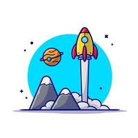 space shuttle opstijgen met planeet en berg ruimte cartoon vector pictogram illustratie. wetenschap technologie pictogram concept geïsoleerde premium vector. platte cartoonstijl