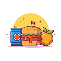 hamburger met frisdrank, ketchup en oranje fruit cartoon vector pictogram illustratie. voedsel object pictogram concept geïsoleerde premium vector. platte cartoonstijl