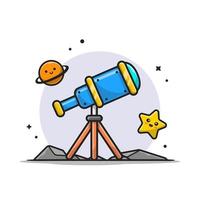 telescoop astronomie bekijken schattige planeet en schattige ster cartoon vector pictogram illustratie. wetenschap technologie pictogram concept geïsoleerde premium vector. platte cartoonstijl