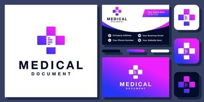 medisch plus documentbestand negatieve ruimte geneeskunde ziekenhuis vector logo ontwerp met visitekaartje