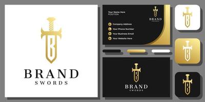 beginletter b zwaard goud luxe koninkrijk ridder elegant logo-ontwerp met sjabloon voor visitekaartjes