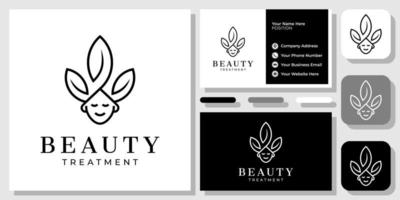 vrouw hoofd gezicht blad haar schoonheidssalon behandeling natuur logo ontwerp met sjabloon voor visitekaartjes vector