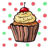 cupcake met kersen en koffieroom op een achtergrond van polka dot vector