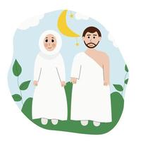 moslim paar in umrah reis illustratie. hadj en umra familie-uitstapje. man en vrouw in mekka hadj. vector