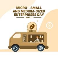 vectorillustratie van een man die koffie verkoopt in een vrachtwagen als spandoek of poster, micro-, kleine en middelgrote ondernemingen dag. vector