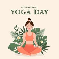 internationale yogadag. vrouw doet yoga in lotushouding, tegen de achtergrond van tropische bladeren en bloemen. vector