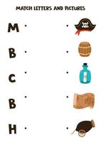 match piratenobjecten en letters. educatief logisch spel voor kinderen. werkblad woordenschat. vector
