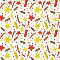 worst en hamburgerpasteitjes, spatten van mosterd en ketchup in naadloos patroon van plastic flessen. geïsoleerd op een witte achtergrond. vector