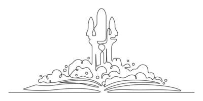 een lijntekening van raket ruimteschip en boek afstuderen voor droom, verbeelding, creativiteit conceptuele. vector