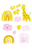 kwekerij giraf. boho regenboogwolk en schattig dier. abstracte regenboog en wolken. posterillustratie en babykamer. voorraad cartoon platte vectorillustratie op een witte achtergrond. vector