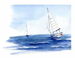 zeiljacht in de zee. aquarel illustratie met boot en zeil. blauwe lucht en oceaangolven. met de hand geschilderd vectorzeegezicht met schip