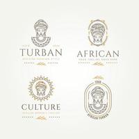 set van Afrikaanse vrouw mode cultuur lijn kunst logo. Afrikaanse vrouw met tulband en etnische ronde tribal symbool lijn kunst badge logo sjabloon vector illustratie ontwerp
